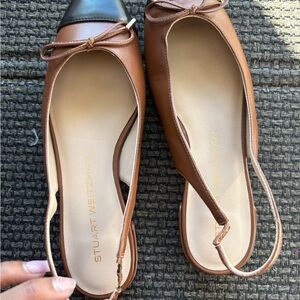 Stuart Weitzman Tan and Black Leather Slingback Flats